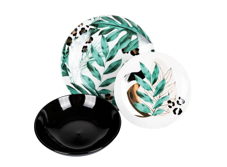 18 porcelánových talířů s ozdobami exotických zelených listů - Immer Viadurini