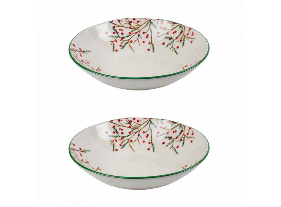2 salátové mísy s vánočními dekoracemi v porcelánových servírovacích talířích - řeznické koště Viadurini