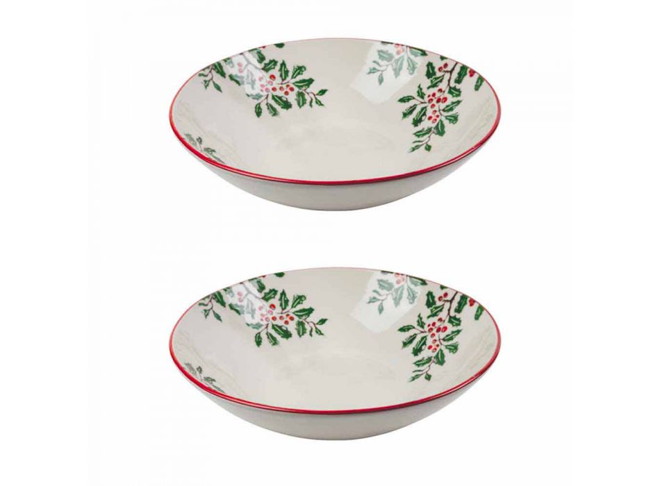 2 salátové mísy s vánočními dekoracemi v porcelánových servírovacích talířích - řeznické koště Viadurini