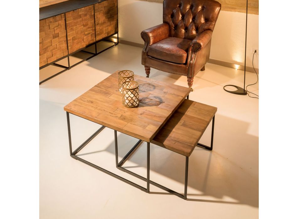 2 konferenční stolky s deskou z recyklovaného dřeva a kovovou základnou - posuvná Viadurini