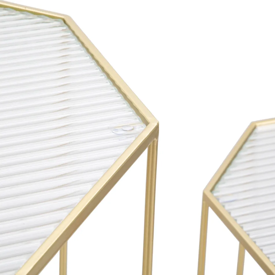 2 telefonní stolky ze zlatého železa a skleněné desky - Pope Viadurini