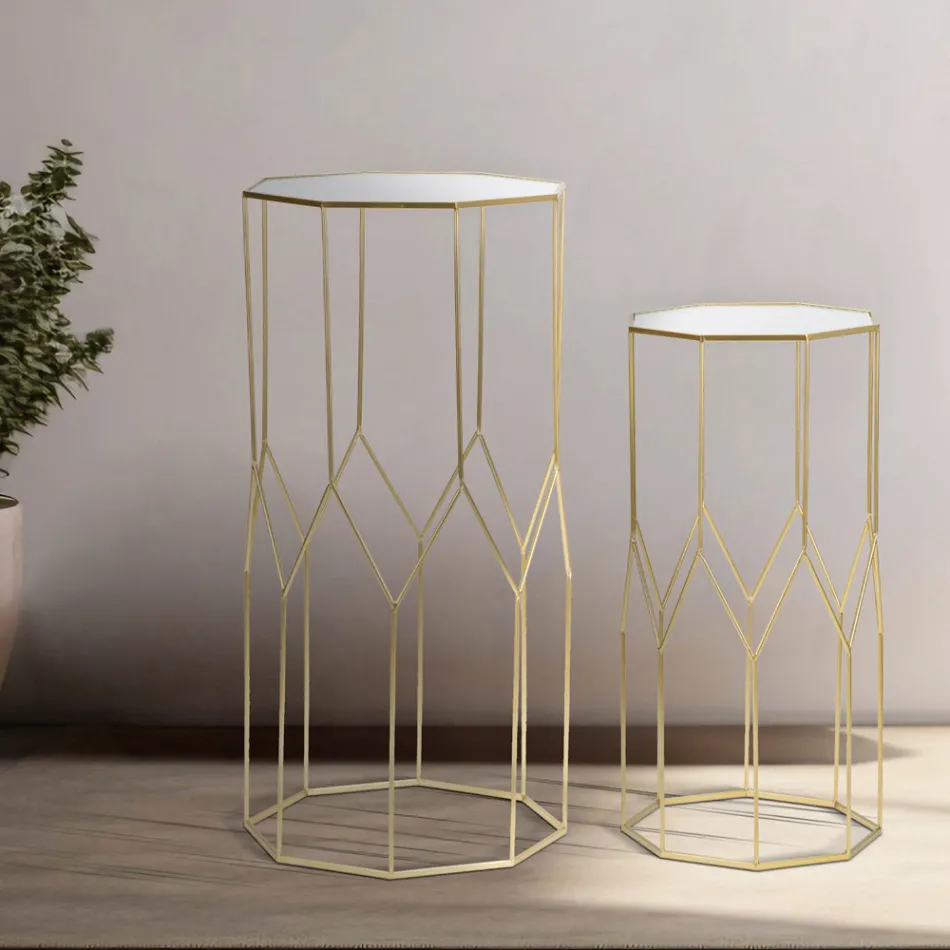 2 telefonní stolky ze zlatého železa a skleněné desky - Pope Viadurini