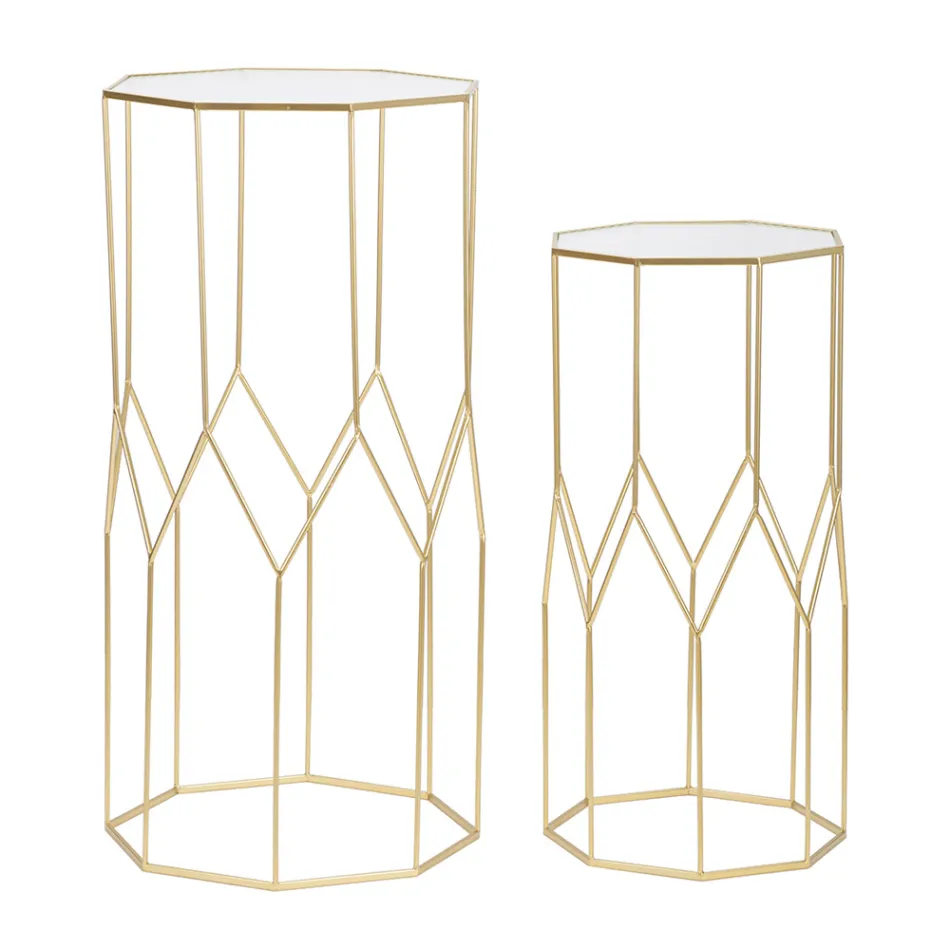 2 telefonní stolky ze zlatého železa a skleněné desky - Pope Viadurini