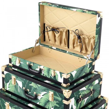 3 designové kufry z MDF a látky s detaily z černé kůže - Amazonia