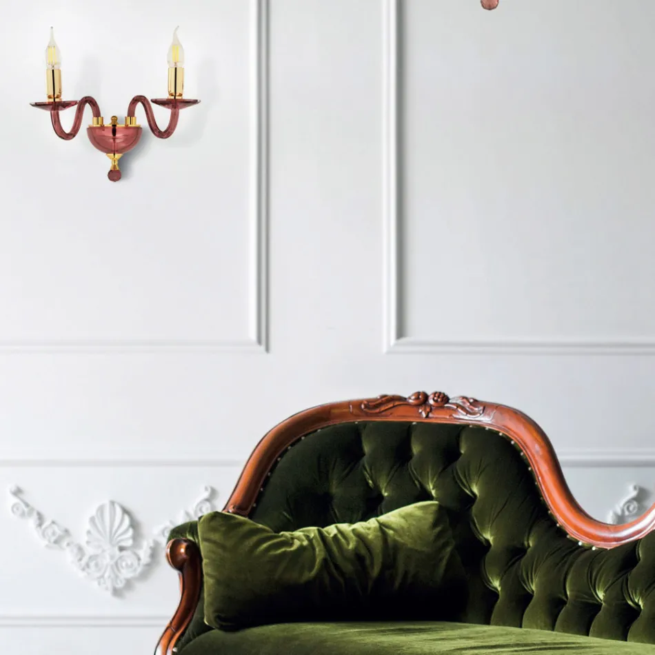 Klasická nástěnná lampa se 2 světly z ručně vyráběného italského skla a zlatého kovu - Oliver Viadurini