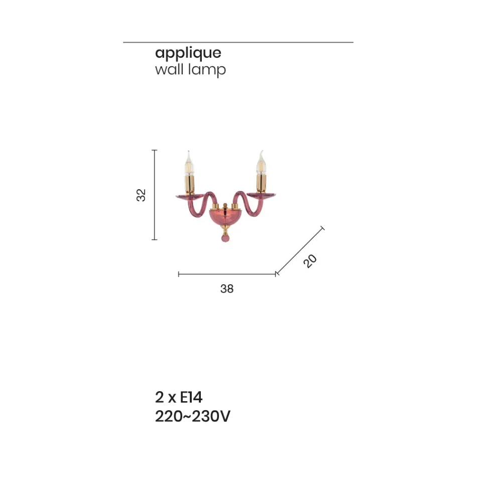 Klasická nástěnná lampa se 2 světly z ručně vyráběného italského skla a zlatého kovu - Oliver Viadurini