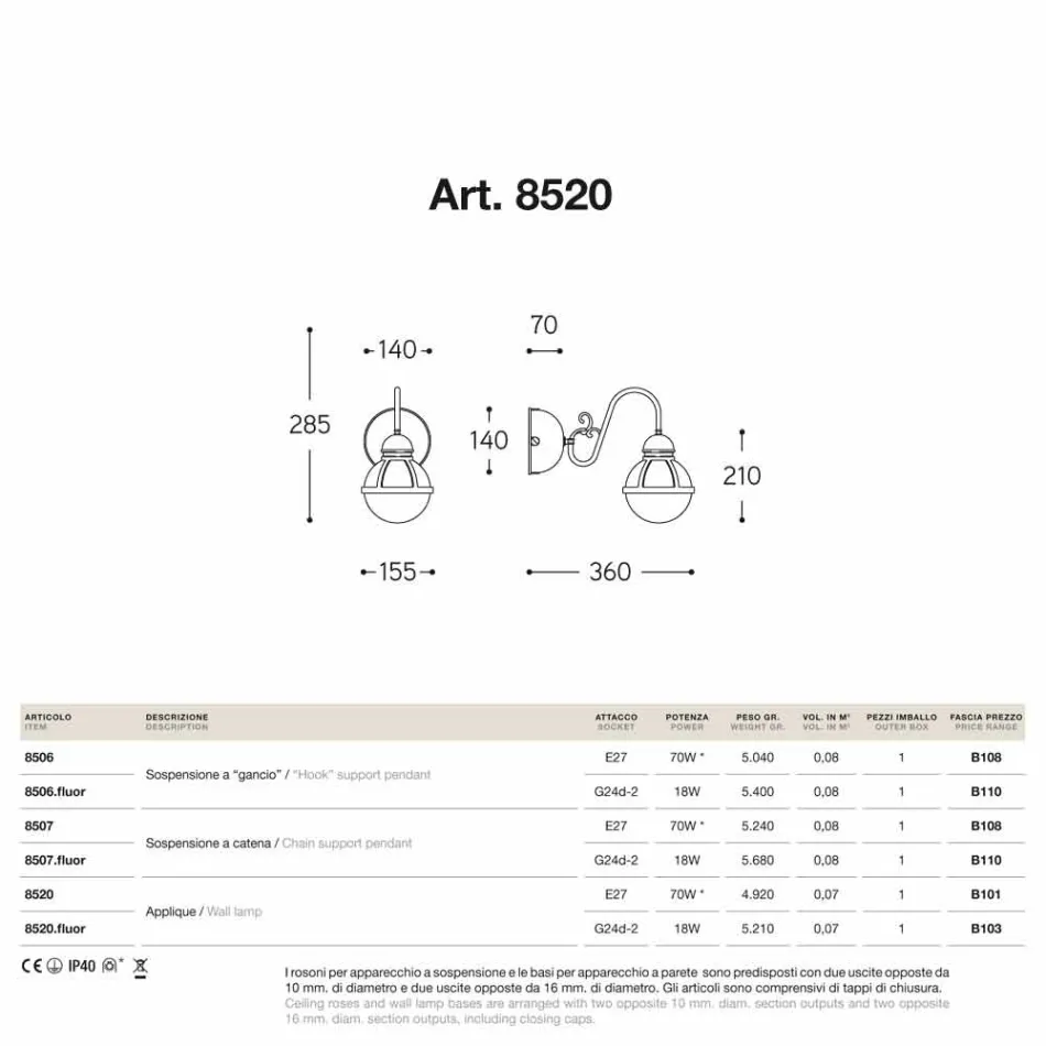 Wall lemů staré mosazi a bílé foukané sklo Viadurini