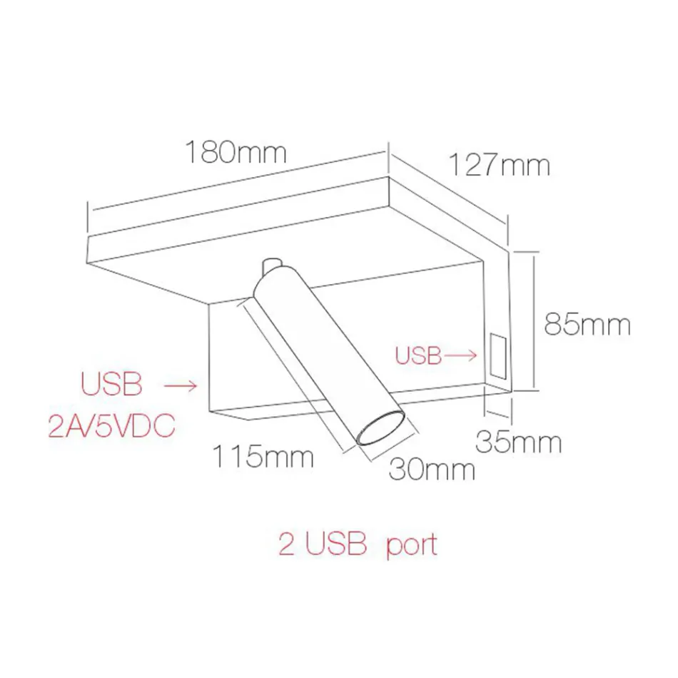 Nastavitelné hliníkové dekorativní LED nástěnné světlo s USB porty - Alena Viadurini