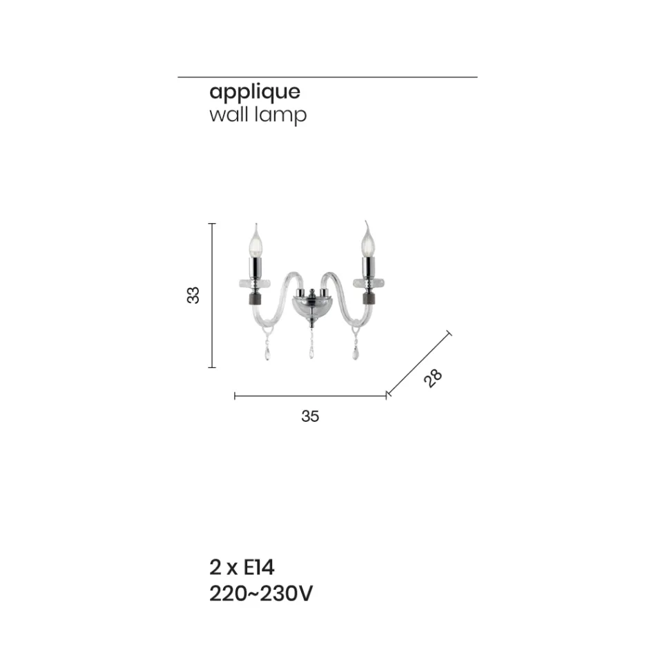 Klasické designové nástěnné svítidlo se 2 světly z chromovaného ručně opracovaného skla - Similo Viadurini