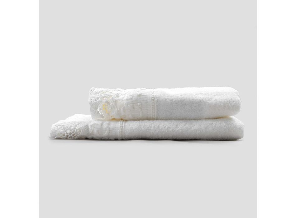 Bílé bavlněné froté ručníky s krajkou 2 kusy italský luxus - svatby Viadurini
