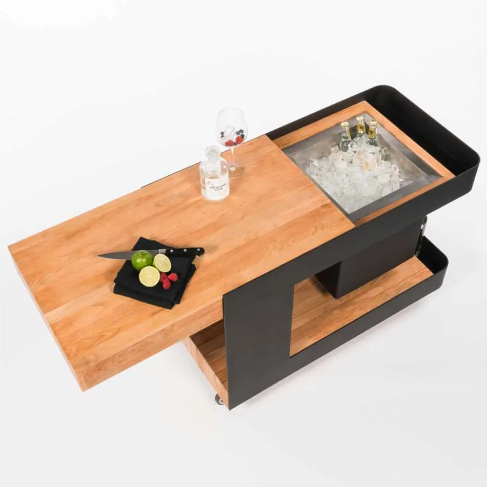 Moderní mobilní bar na kolech s dřevěným a ocelovým stolem - Giancalliope Viadurini