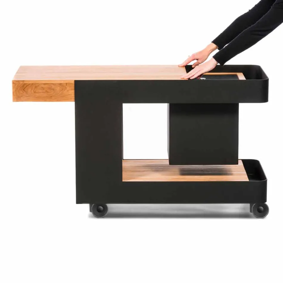 Moderní mobilní bar na kolech s dřevěným a ocelovým stolem - Giancalliope Viadurini