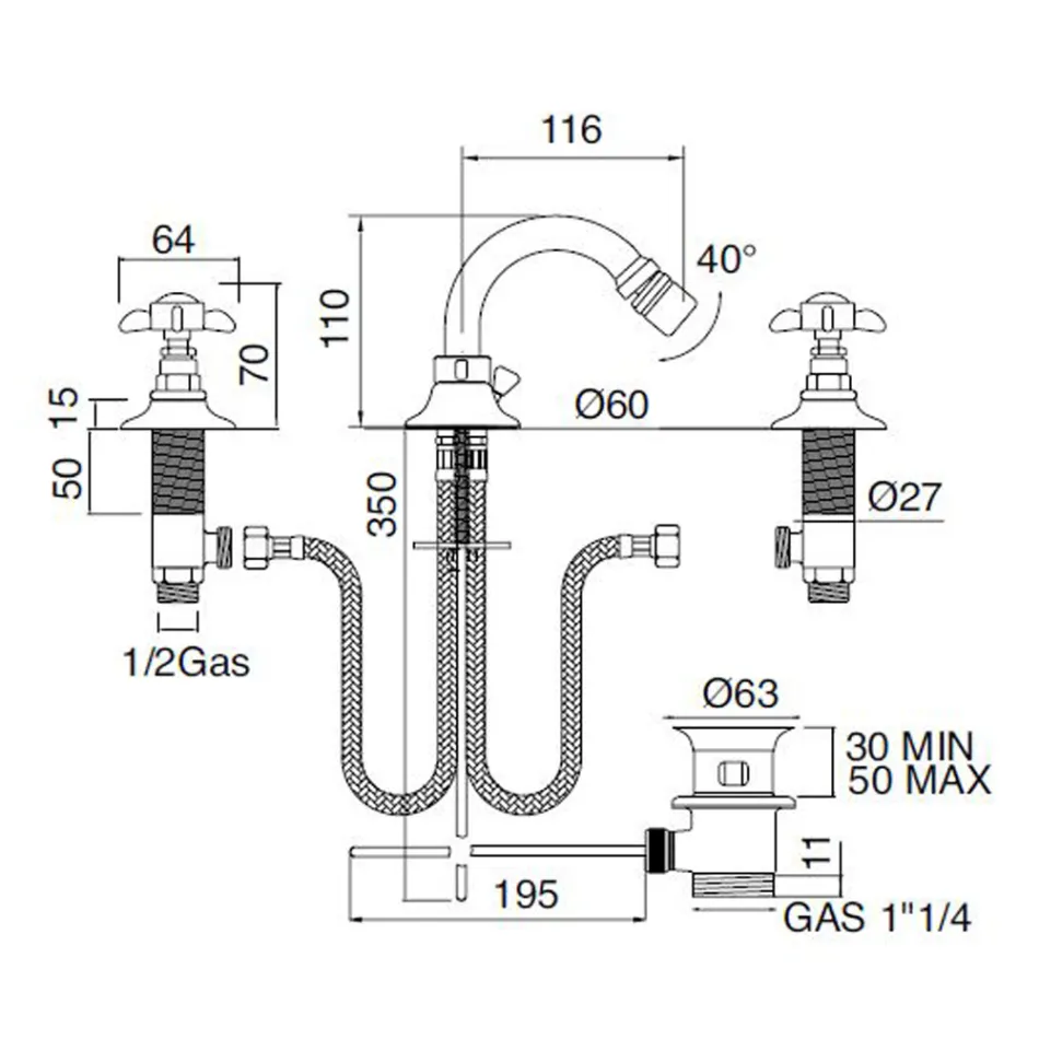 Klasická 3otvorová bidetová baterie z mosazi a motýlkové rukojeti - Miriano Viadurini