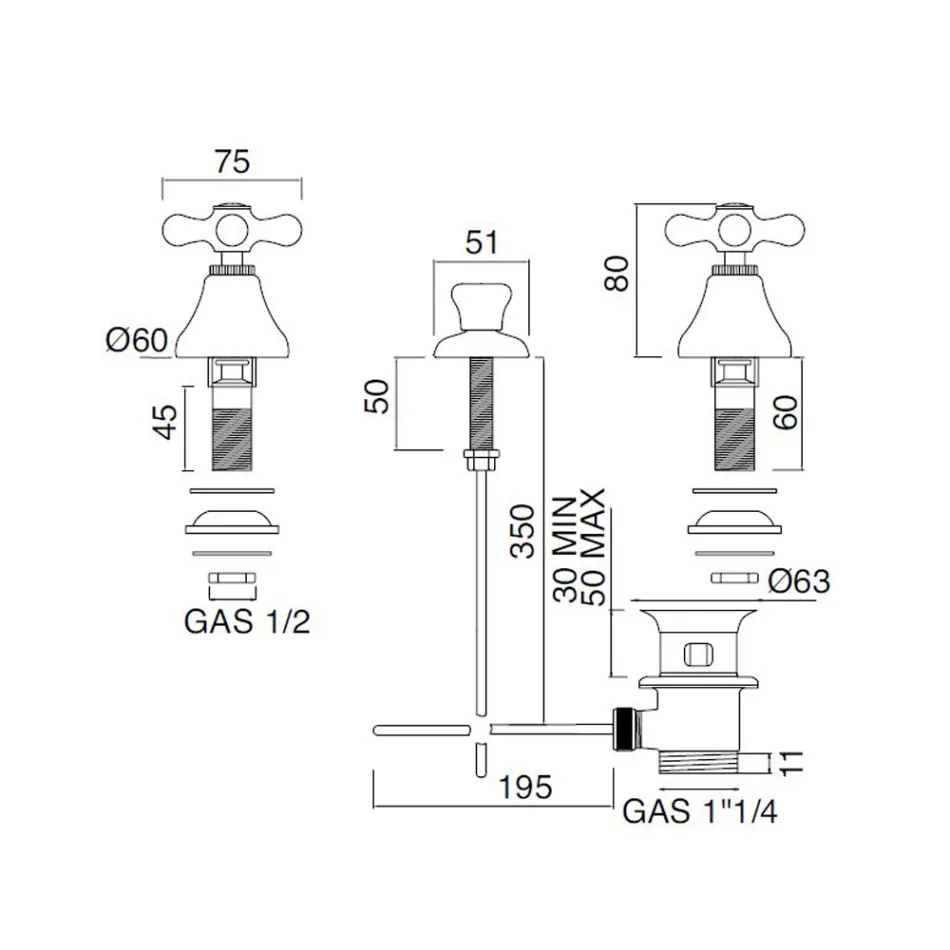 3-otvorová bidetová baterie odtok Vnitřní dodávka Ručně vyráběná mosaz – Ercolina Viadurini