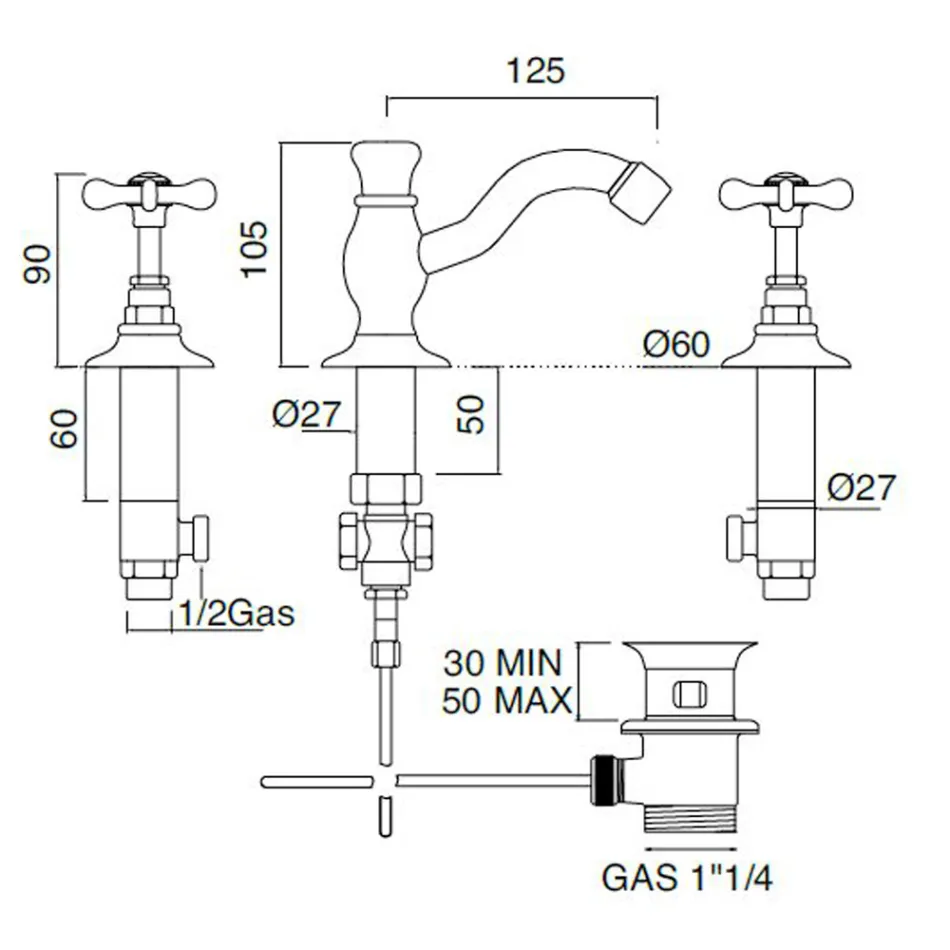 3otvorová umyvadlová baterie s klasickou ručně vyráběnou mosaznou výpustí - Fioretta Viadurini