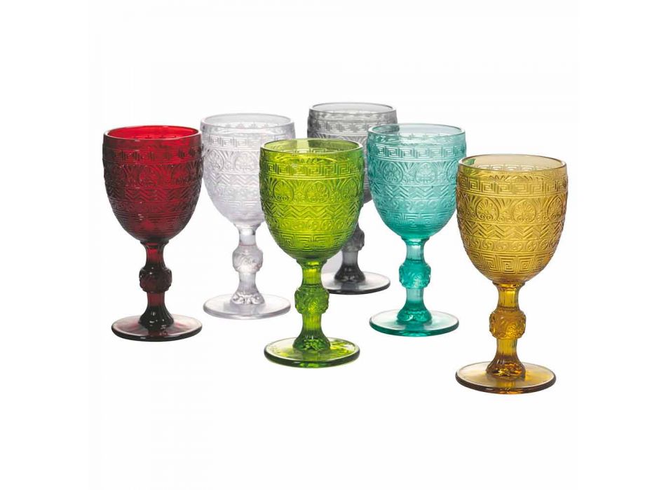 Sklenice na vodu nebo víno v barevném skle a reliéfní dekorace - lidově Viadurini