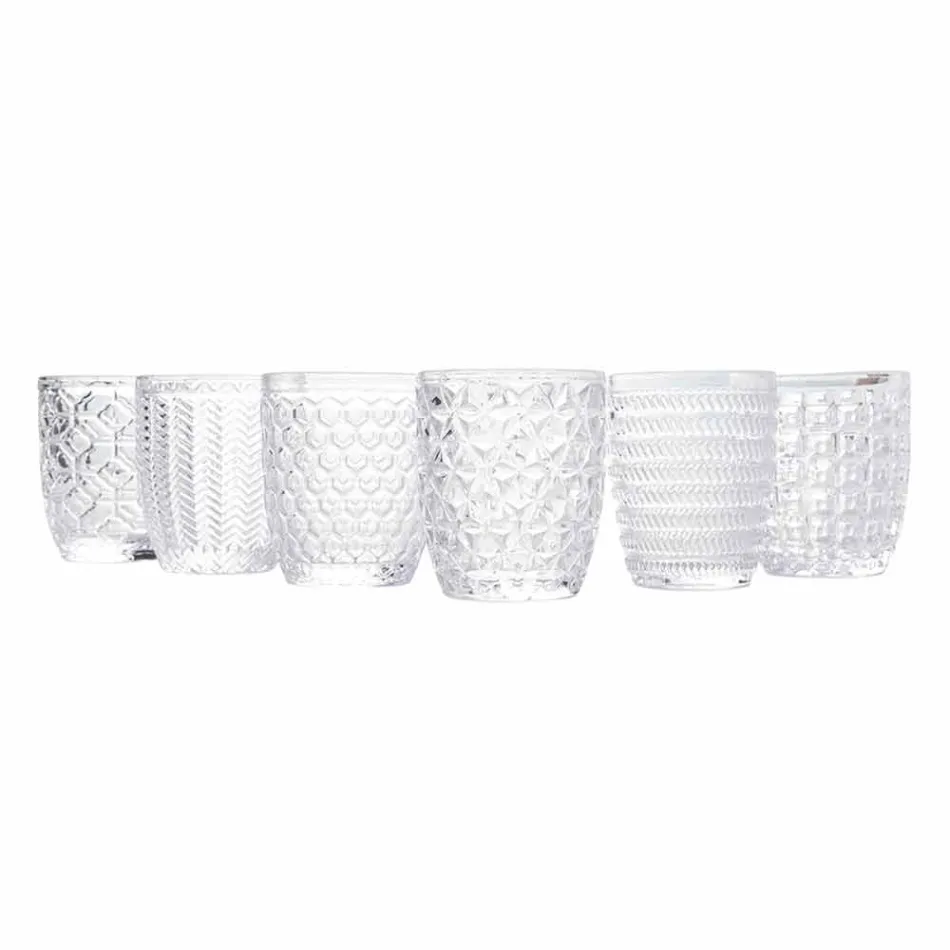 Zdobené průhledné skleněné vodní brýle, moderní služba 12 kusů - mix Viadurini