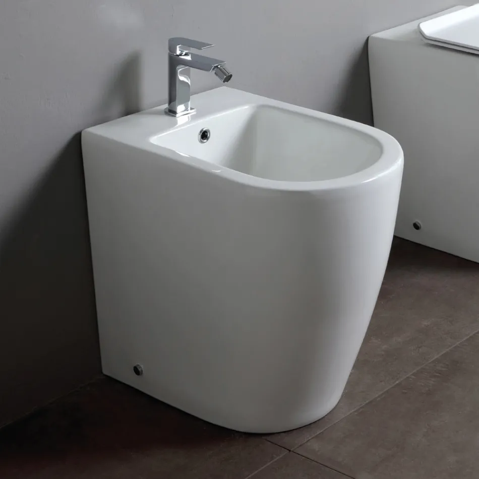 Jednootvorový bidet montovaný na podlahu s technologií Rimless v bílé keramice - Oleandro  Viadurini