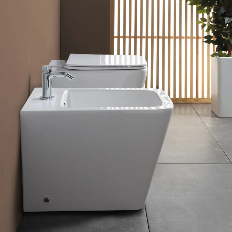 Jednootvorový bidet montovaný na podlahu z bílé keramiky s elegantním moderním designem - Giunco Viadurini