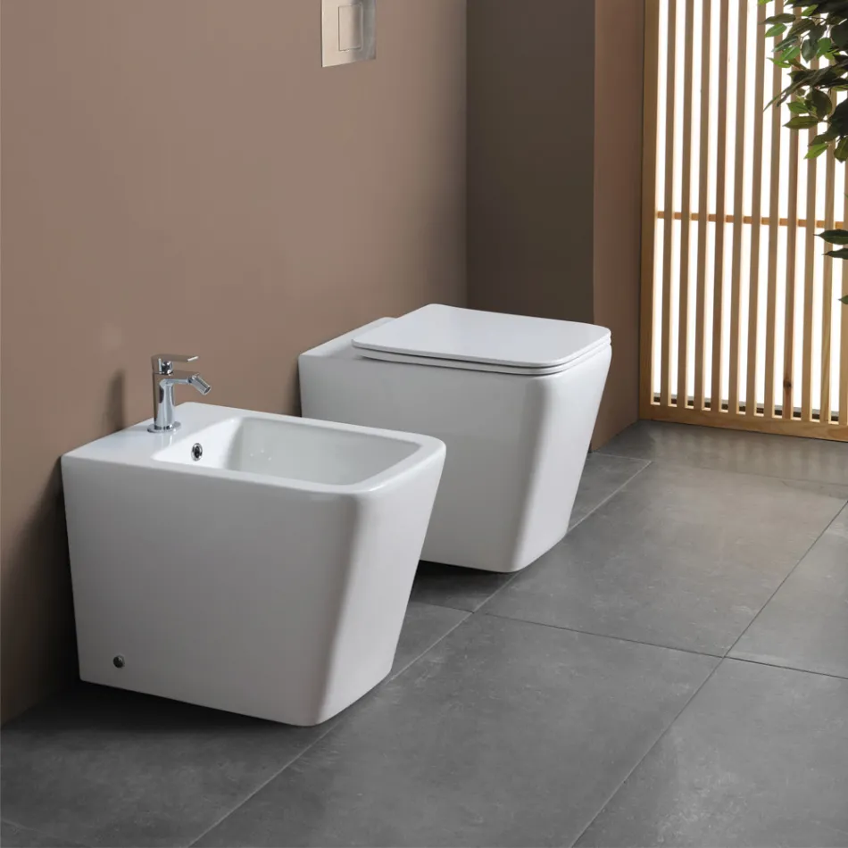 Jednootvorový bidet montovaný na podlahu z bílé keramiky s elegantním moderním designem - Giunco Viadurini