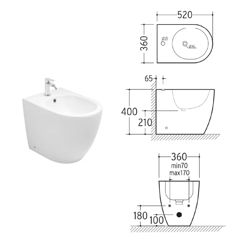 Jednootvorový bidet Aster k montáži na podlahu z odolné bílé keramiky s moderním designem Viadurini