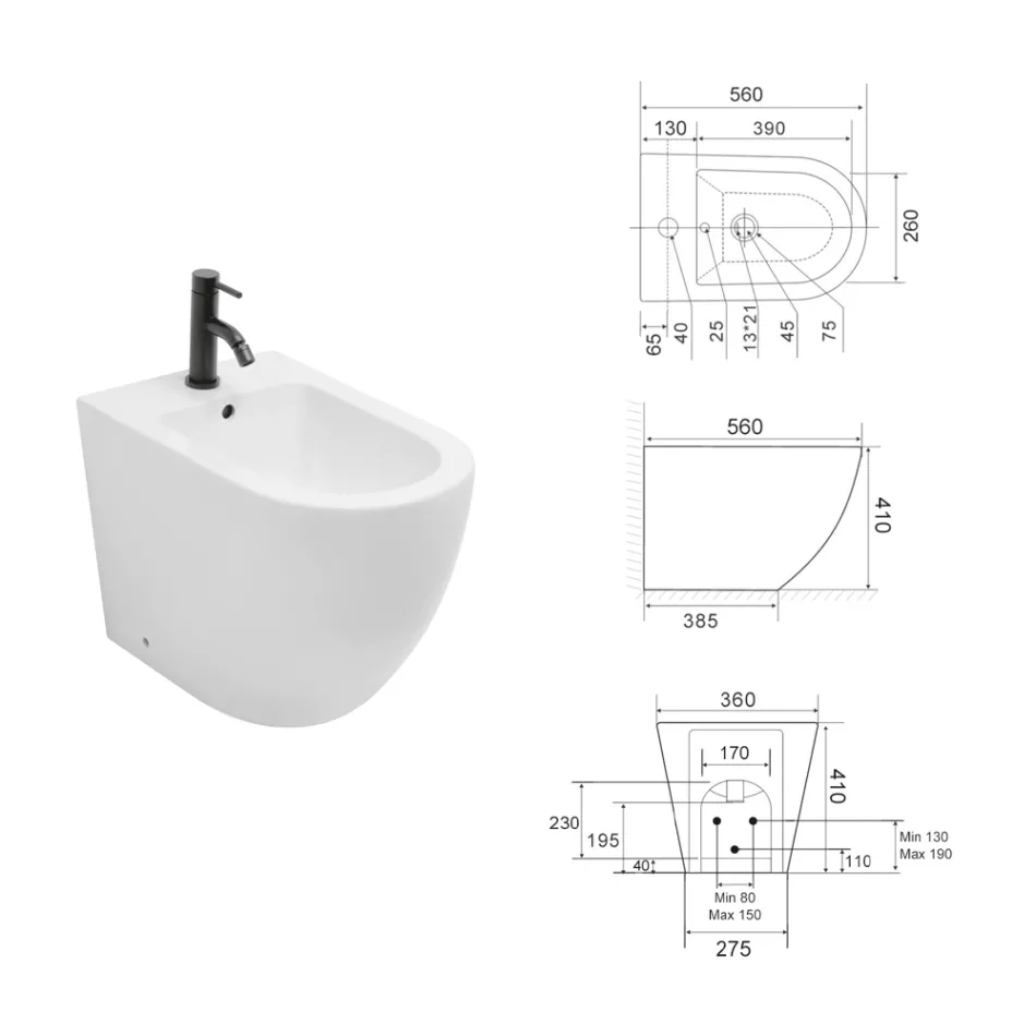 Jednootvorový bidet montovaný na podlahu z odolné bílé keramiky s moderním designem - Olmo Viadurini