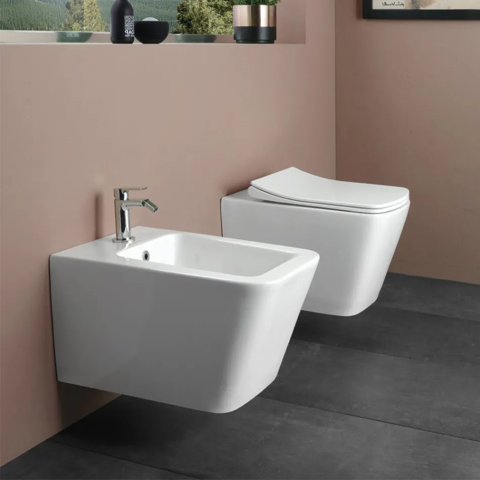 Jednootvorový závěsný bidet z bílé keramiky s elegantním moderním designem - Giunco Viadurini