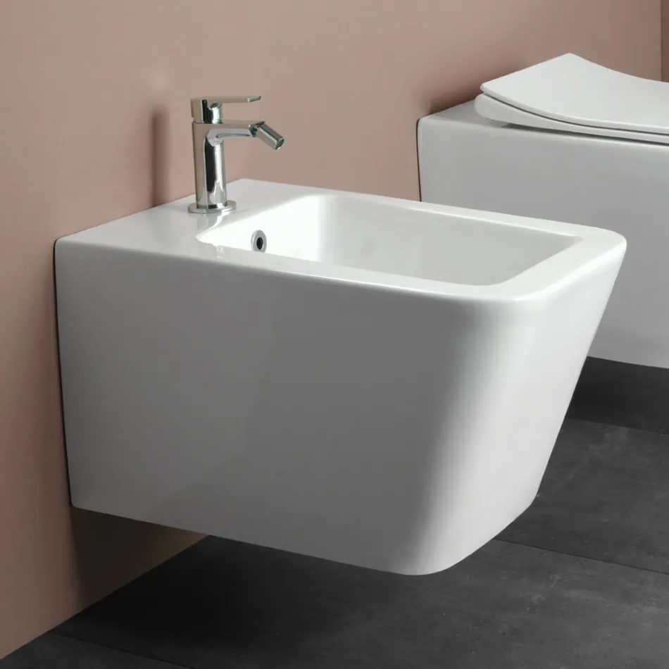 Jednootvorový závěsný bidet z bílé keramiky s elegantním moderním designem - Giunco Viadurini