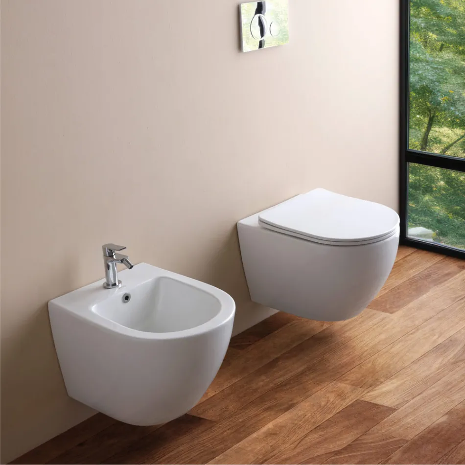 Jednootvorový závěsný bidet z bílé keramiky s moderním designem - Ginepro Viadurini
