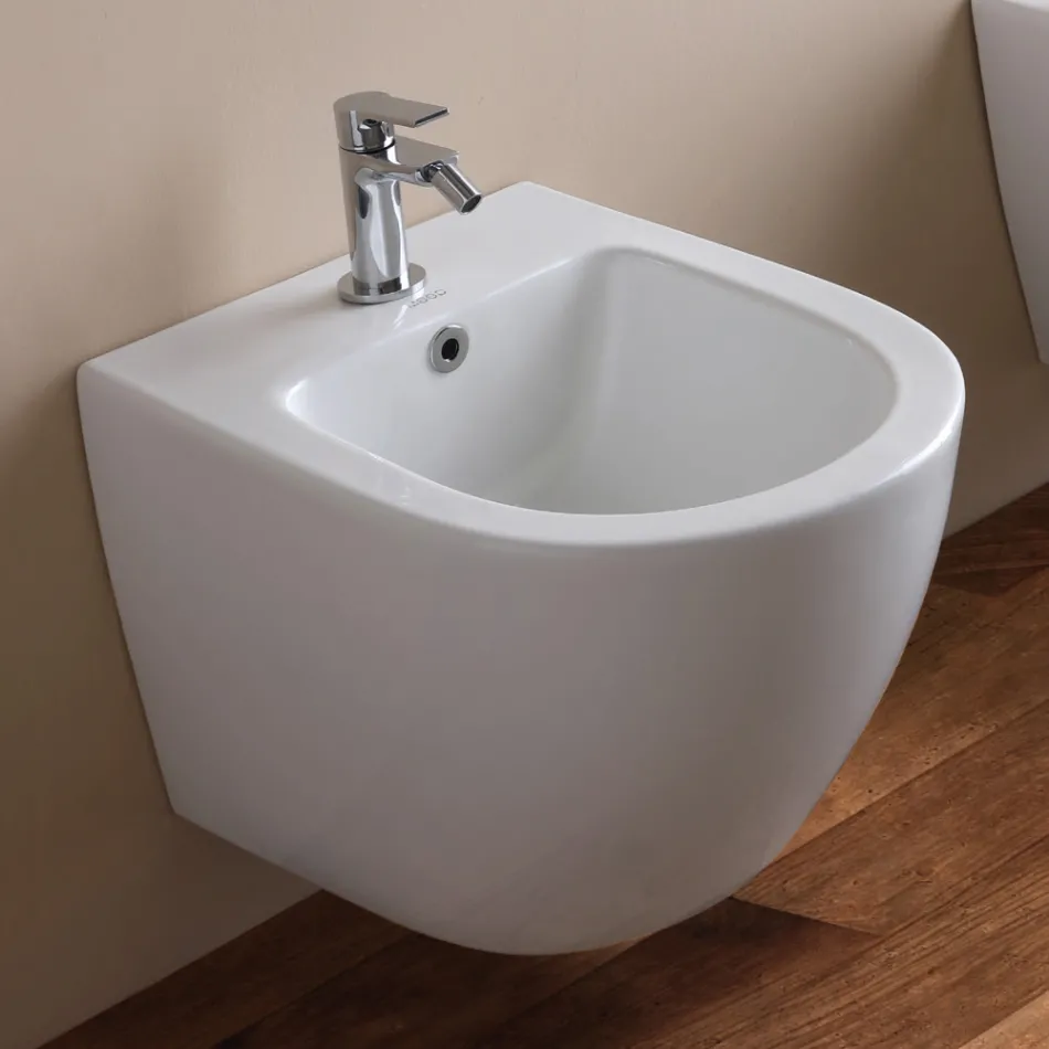Jednootvorový závěsný bidet z bílé keramiky s moderním designem - Ginepro Viadurini