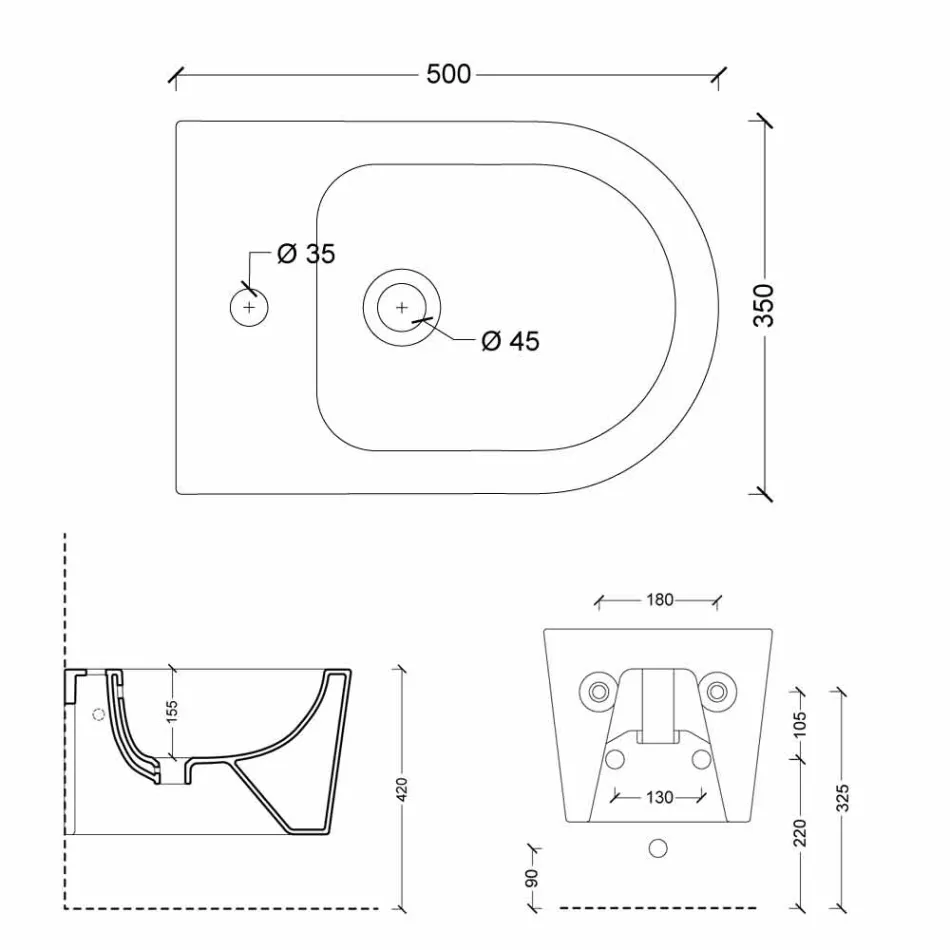 Hung bidet v moderní bot Square 50x35cm keramiky, made in Italy Viadurini