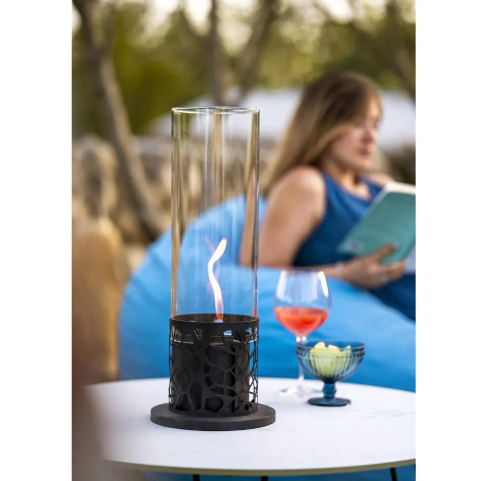 Válcový stolní biokrb z tvrzeného skla a černého kovu - Ringo Viadurini