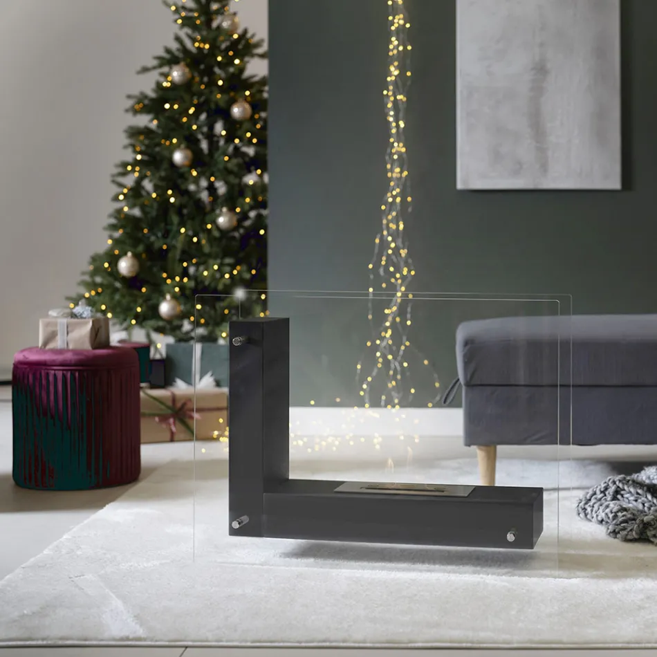 Podlahový biokrb s oboustrannou konstrukcí ze skla a černého kovu - Squillo Viadurini