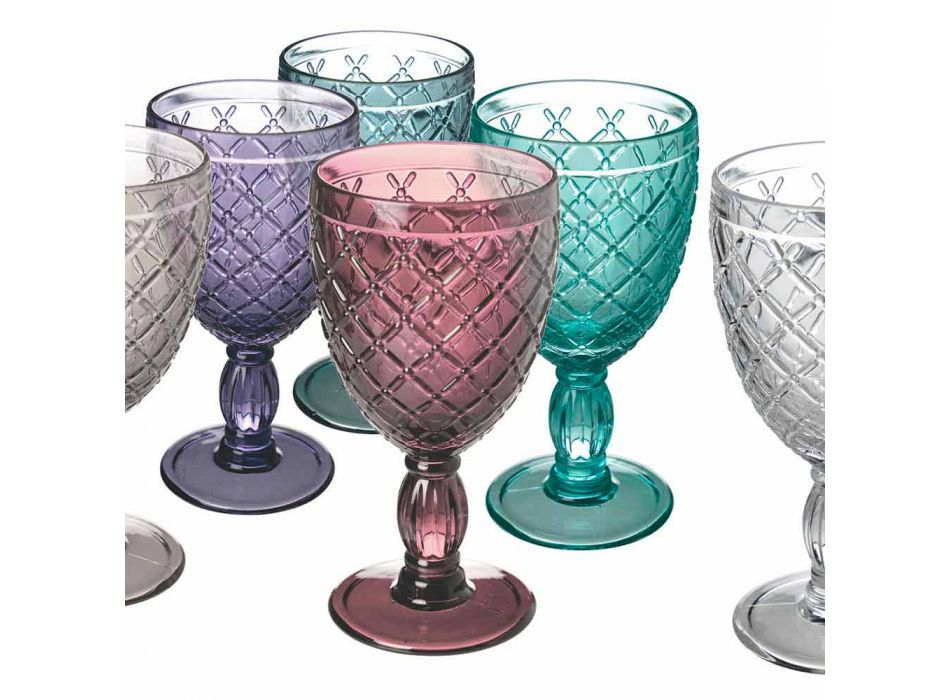 Pohár na víno nebo vodu v barevném nebo průhledném skle s dekoracemi, 12 kusů - Rocca Viadurini