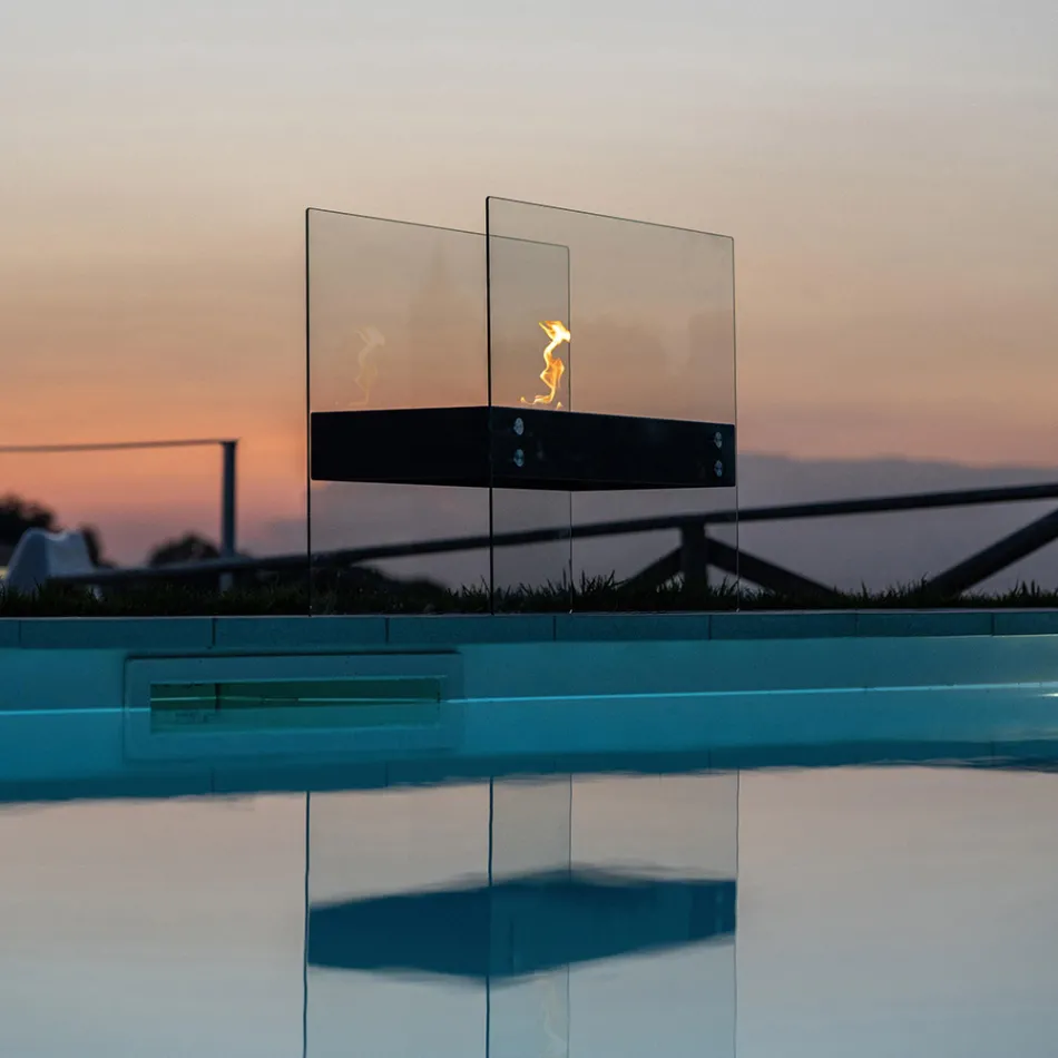 Bioetanolový podlahový krb z černého kovu a tvrzeného skla - Violante Viadurini