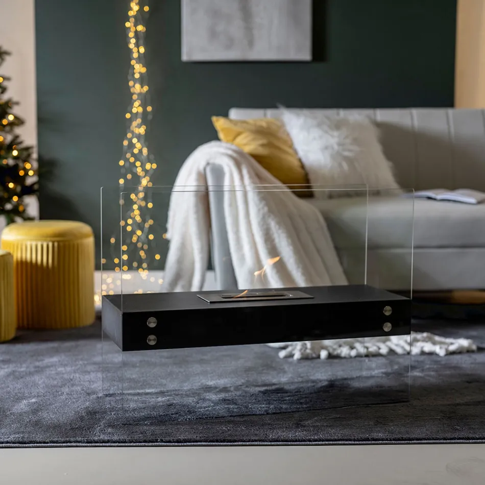 Bioetanolový podlahový krb z černého kovu a tvrzeného skla - Violante Viadurini