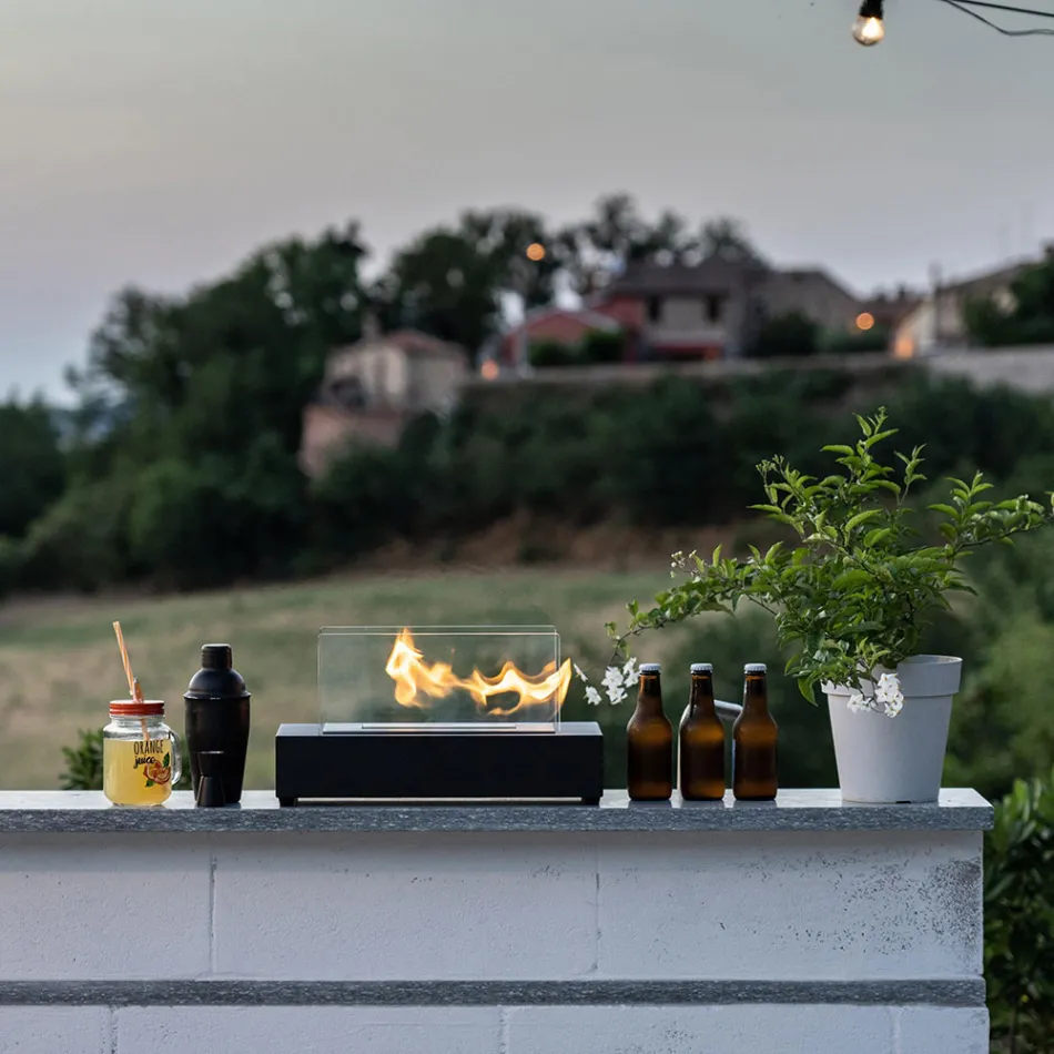 Stolní bioetanolový krb z tvrzeného skla a černého kovu - Fiandre Viadurini