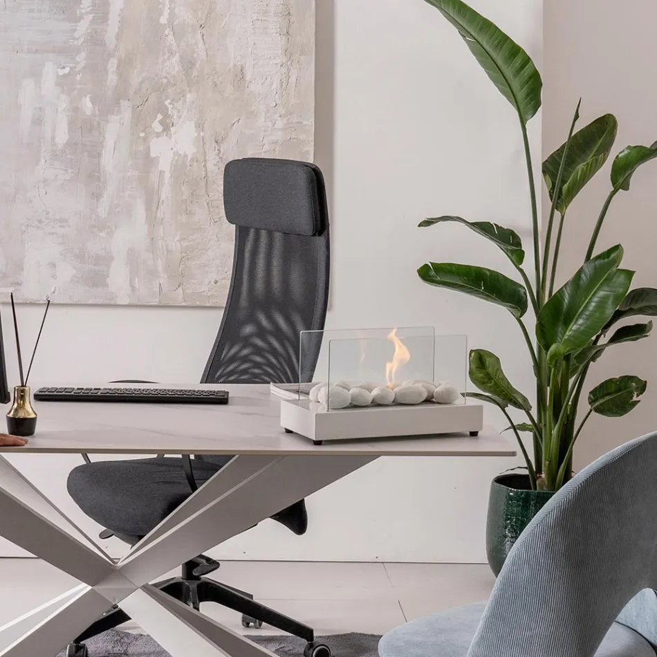 Stolní bioetanolový krb z tvrzeného skla a kovu - stříbro Viadurini