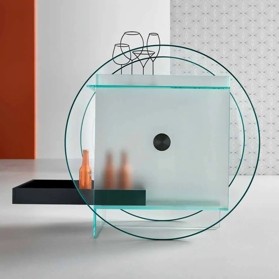 Tyčový vozík z extra čirého skla s kolečky a výsuvným podnosem - Pigolo Viadurini