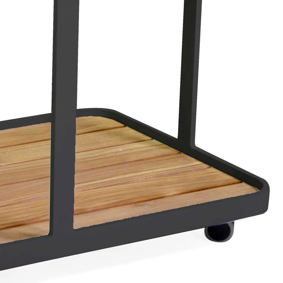 Hliníkový vozík v různých povrchových úpravách s kolečky a teakovou deskou - stan Viadurini