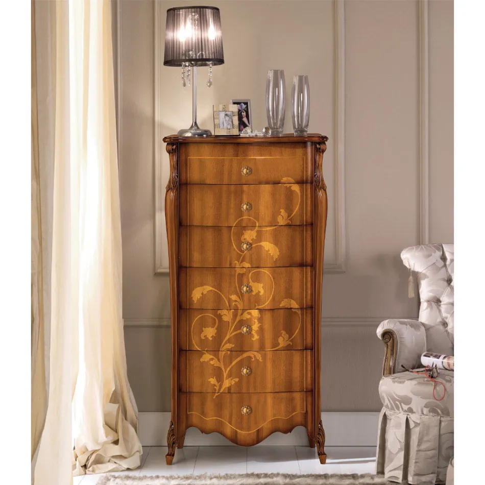 Komoda se 7 zásuvkami z intarzovaného ořechového dřeva Made in Italy - Commodus Viadurini