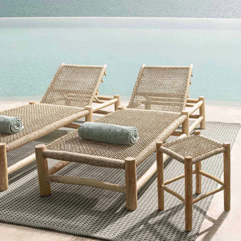 Venkovní lehátko v teakových větvích a tkaní ze syntetických vláken - Tecno Viadurini