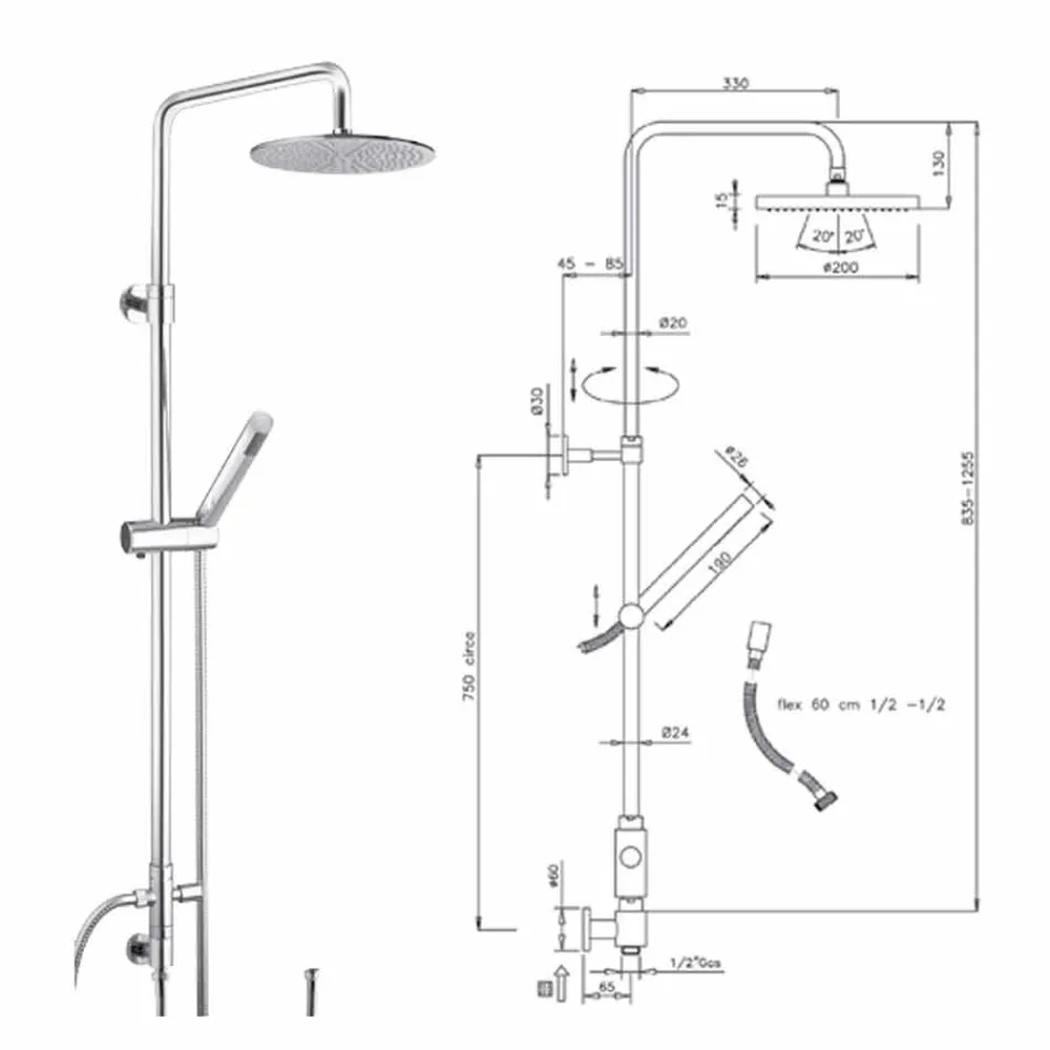 Kulatý sprchový sloup z mosazi s ruční sprchou vyrobený v Itálii - Amadeo Viadurini