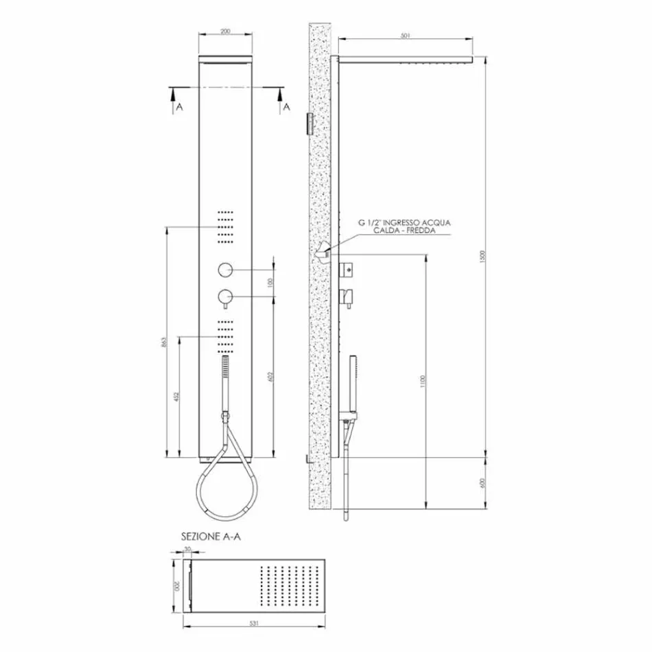 Ocelový sprchový sloup s dešťovou sprchou vyrobený v Itálii - Námořník Viadurini