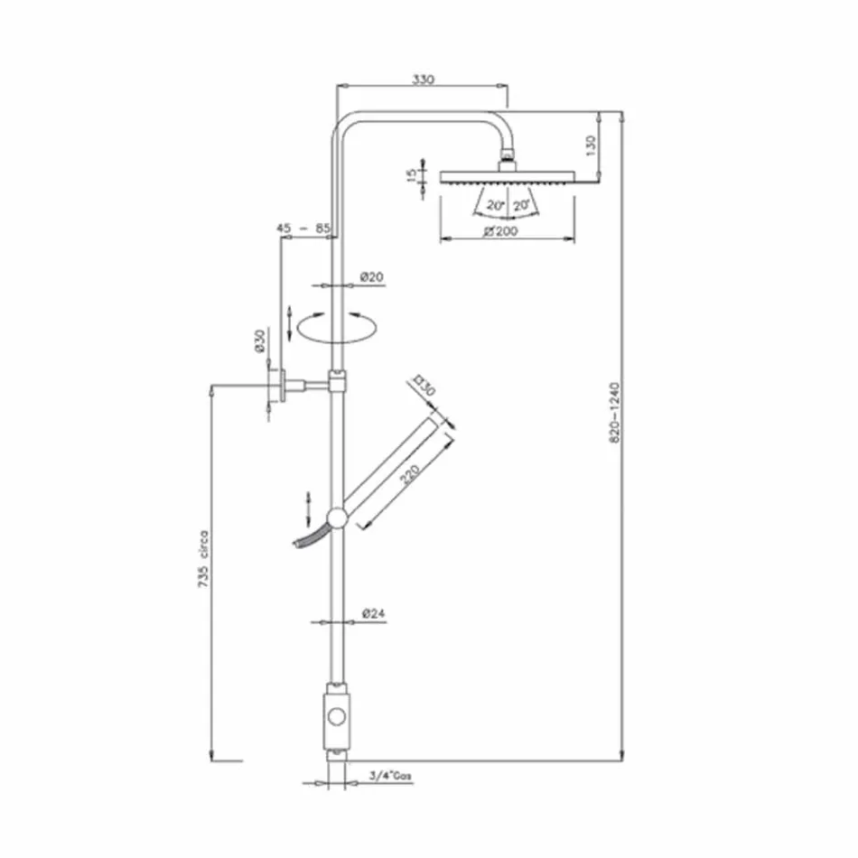 Sprchový sloupek z mosazi se sprchovou hlavicí a ruční sprchou v Abs vyrobené v Itálii - Lesio Viadurini