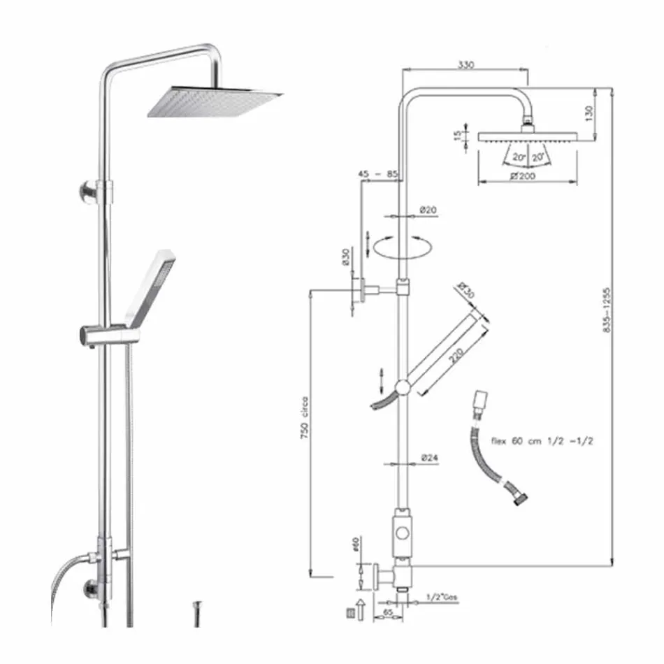 Sprchový sloupek z mosazi se sprchovou hlavicí a ruční sprchou v Abs vyrobené v Itálii - Lesio Viadurini