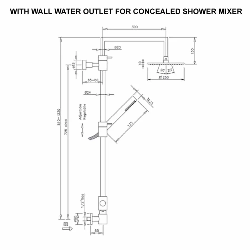 Mosazný sprchový sloup se čtvercovou ocelovou sprchovou hlavicí vyrobený v Itálii - Lipari Viadurini