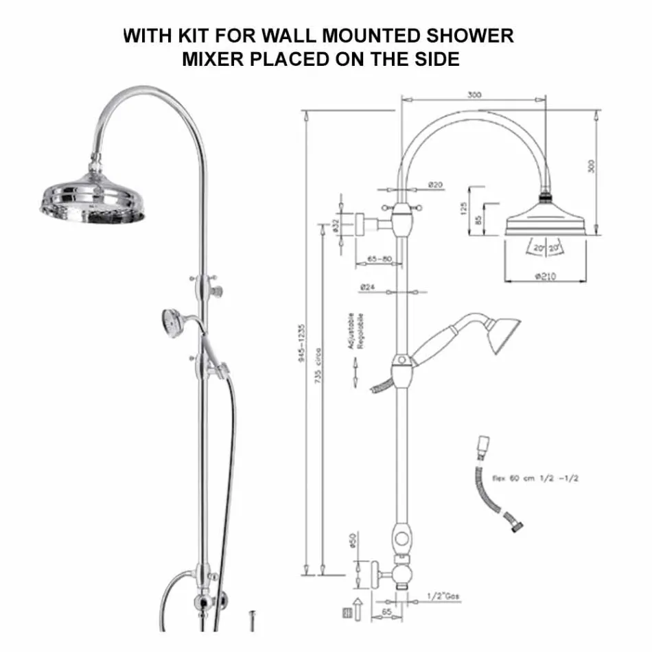 Mosazný sprchový sloup s kulatou sprchovou hlavicí a ruční sprchou vyrobené v Itálii - Brillo Viadurini
