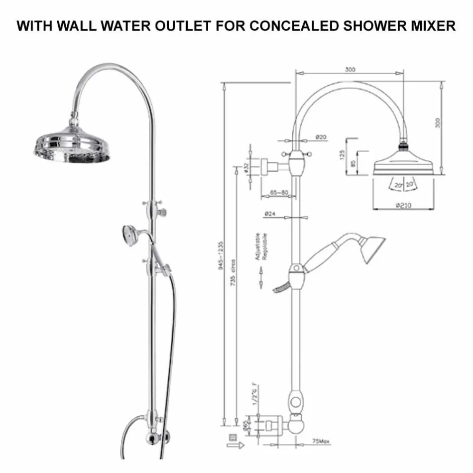 Mosazný sprchový sloup s kulatou sprchovou hlavicí a ruční sprchou vyrobené v Itálii - Brillo Viadurini