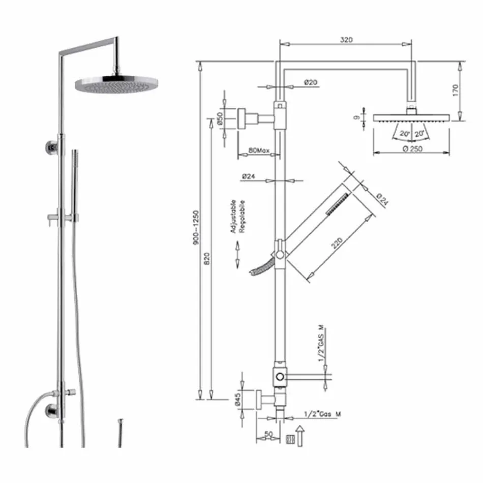 Sprchový sloup z chromované mosazi s ruční sprchou abs vyrobené v Itálii - Selvio Viadurini